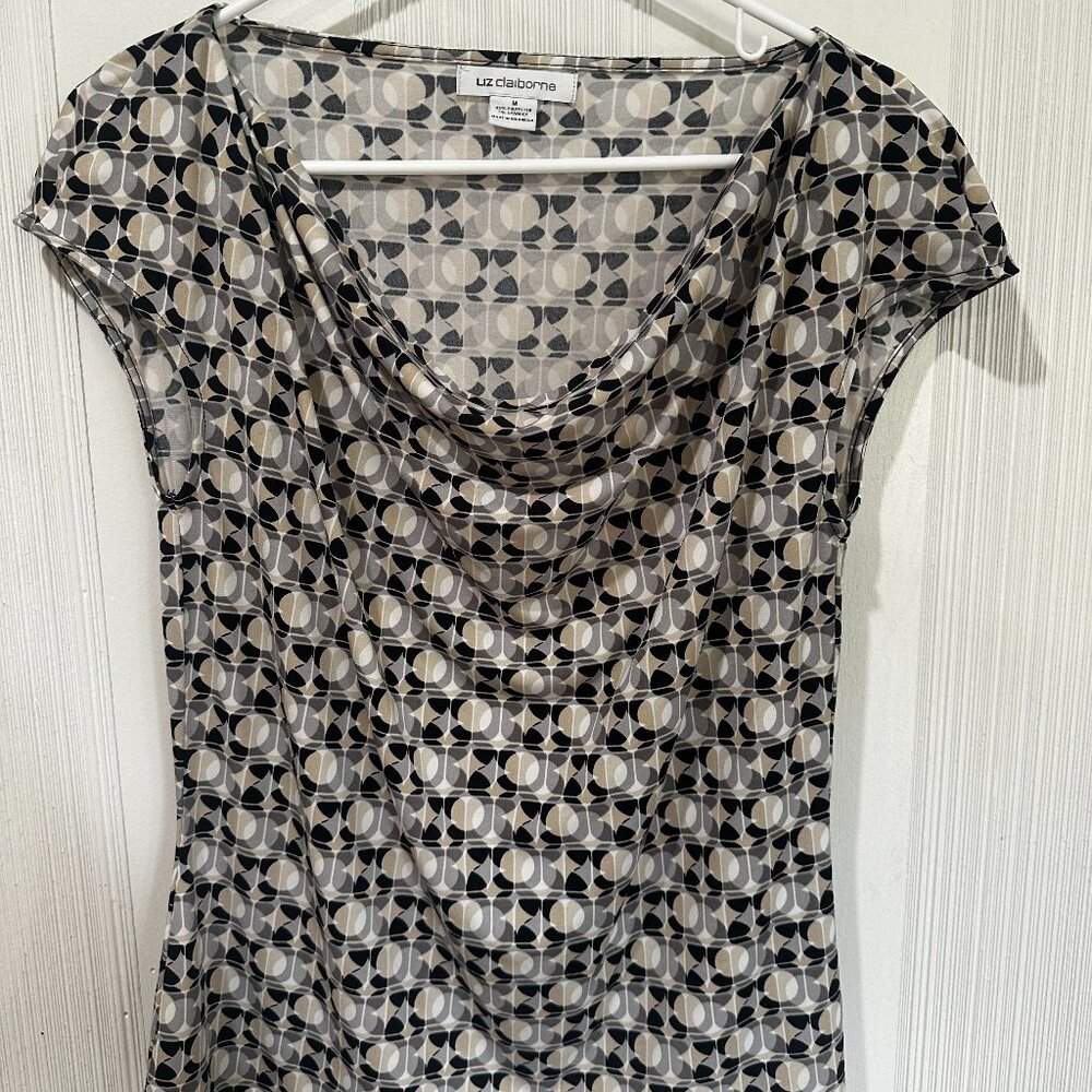 Liz Claiborne Career Women’s Geometric Top Blouse XL Cowl Neck Cap Sleeve Size M